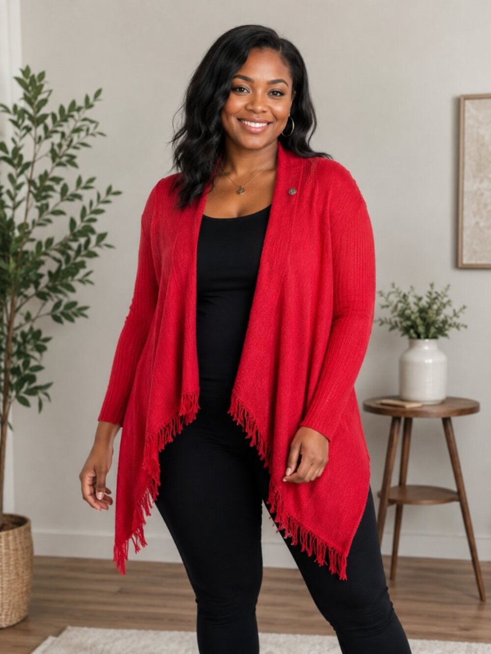 Pure Handknit Red Waterfall Cardigan Sweater Fringe Hem Long Sleeve Women’s